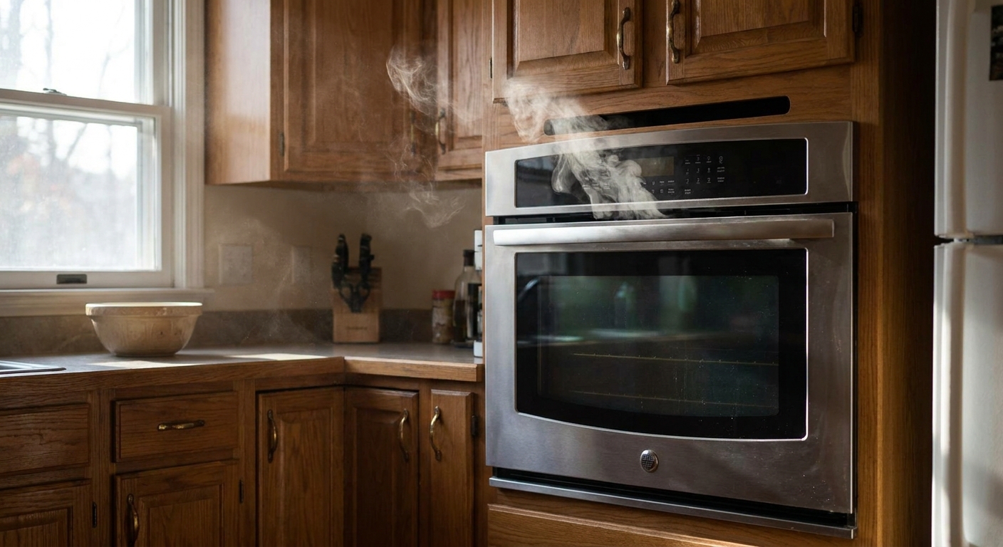 A real kitchen scene with an oven door closed and a faint wisp of smoke rising near the top vent area, natural indoor lighting
