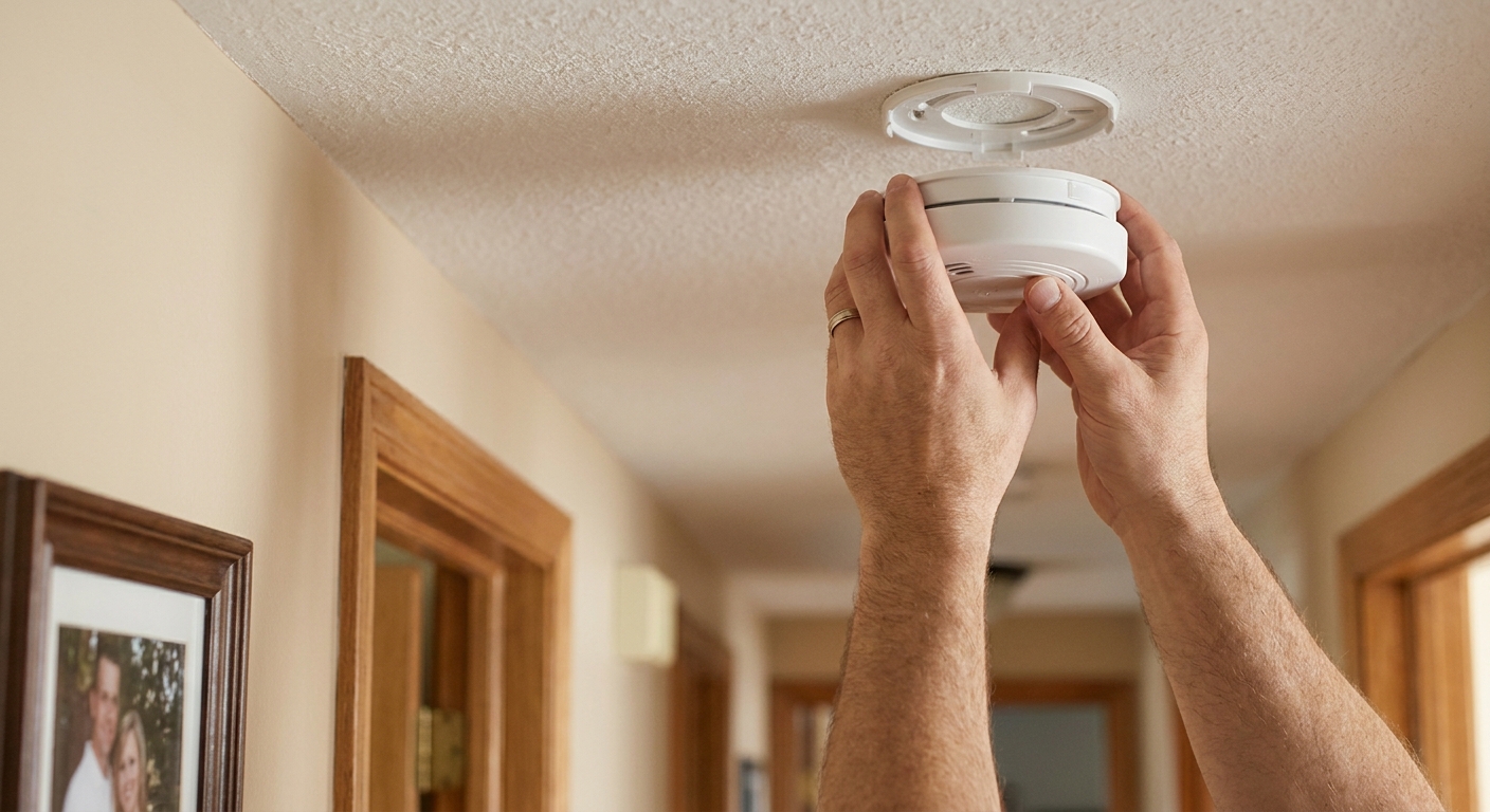 A real photo of hands twisting a round smoke detector off its ceiling mounting bracket in a residential hallway