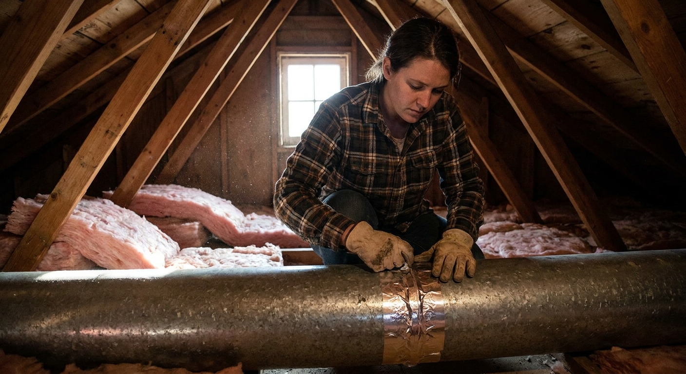 A person in an attic applying foil HVAC tape to a metal duct joint near insulation, realistic home maintenance photo