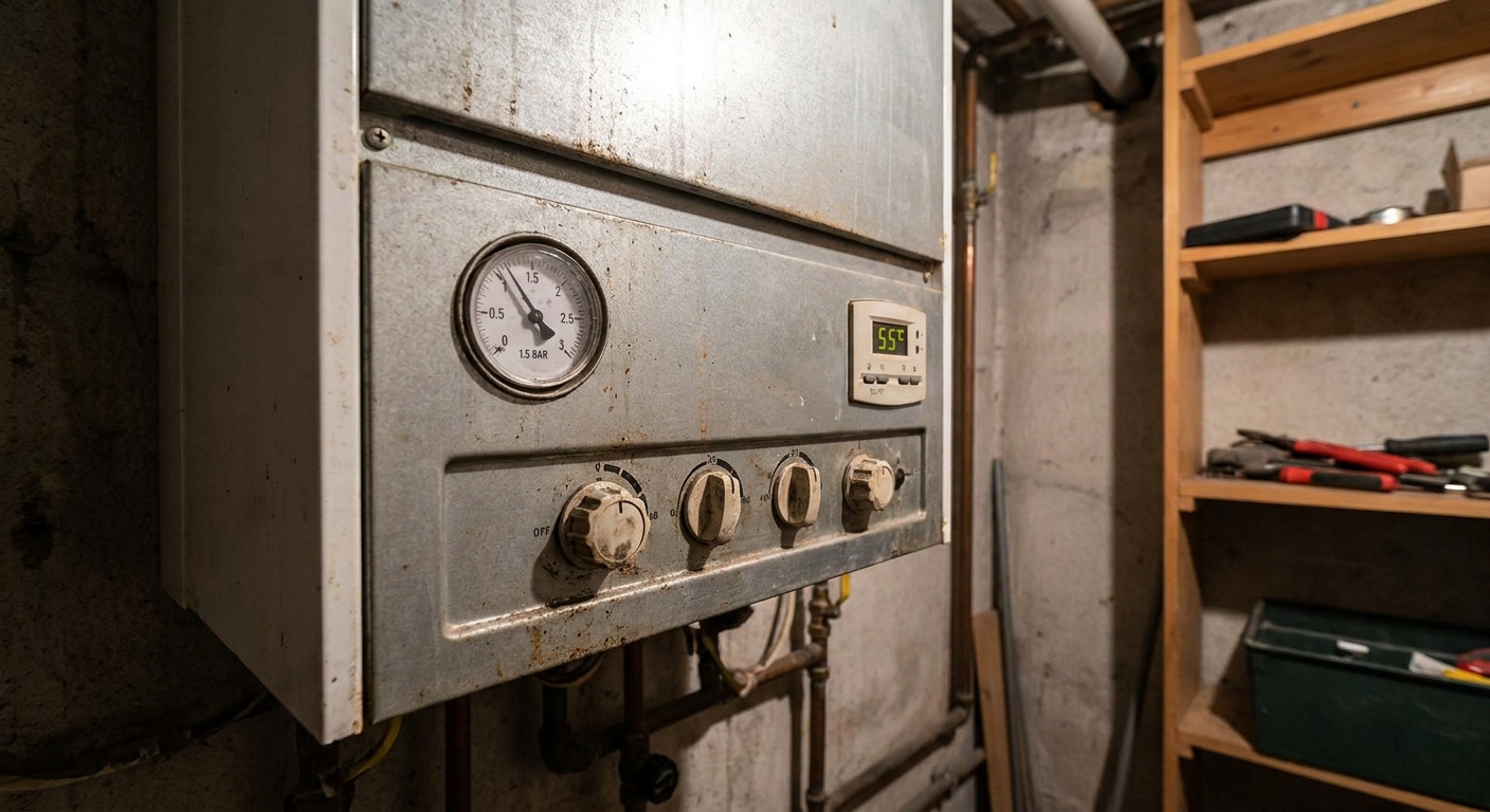 A close-up photograph of a residential gas boiler front panel showing the pressure gauge and control knobs in a basement utility room