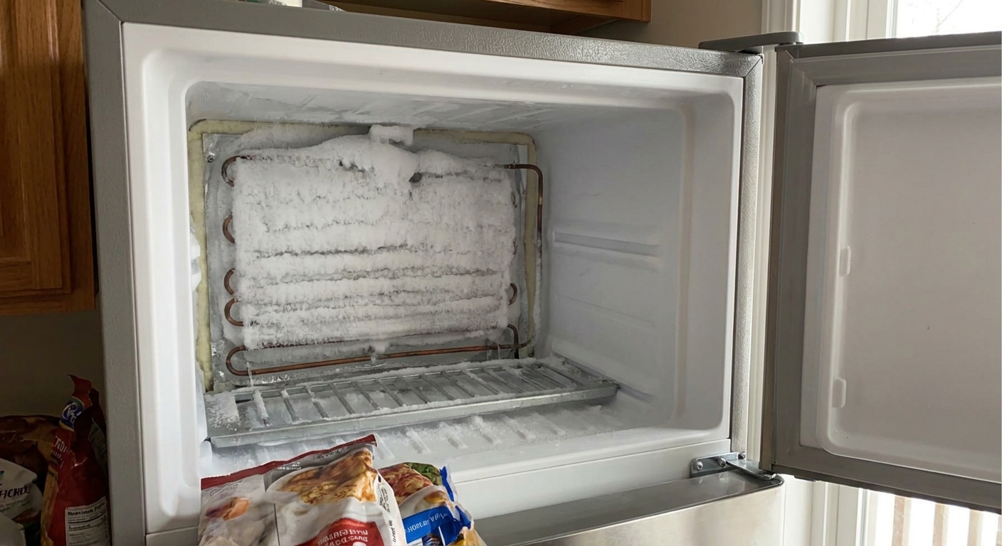 A real photo of a freezer compartment with the back interior panel removed, showing an evaporator coil covered in thick white frost