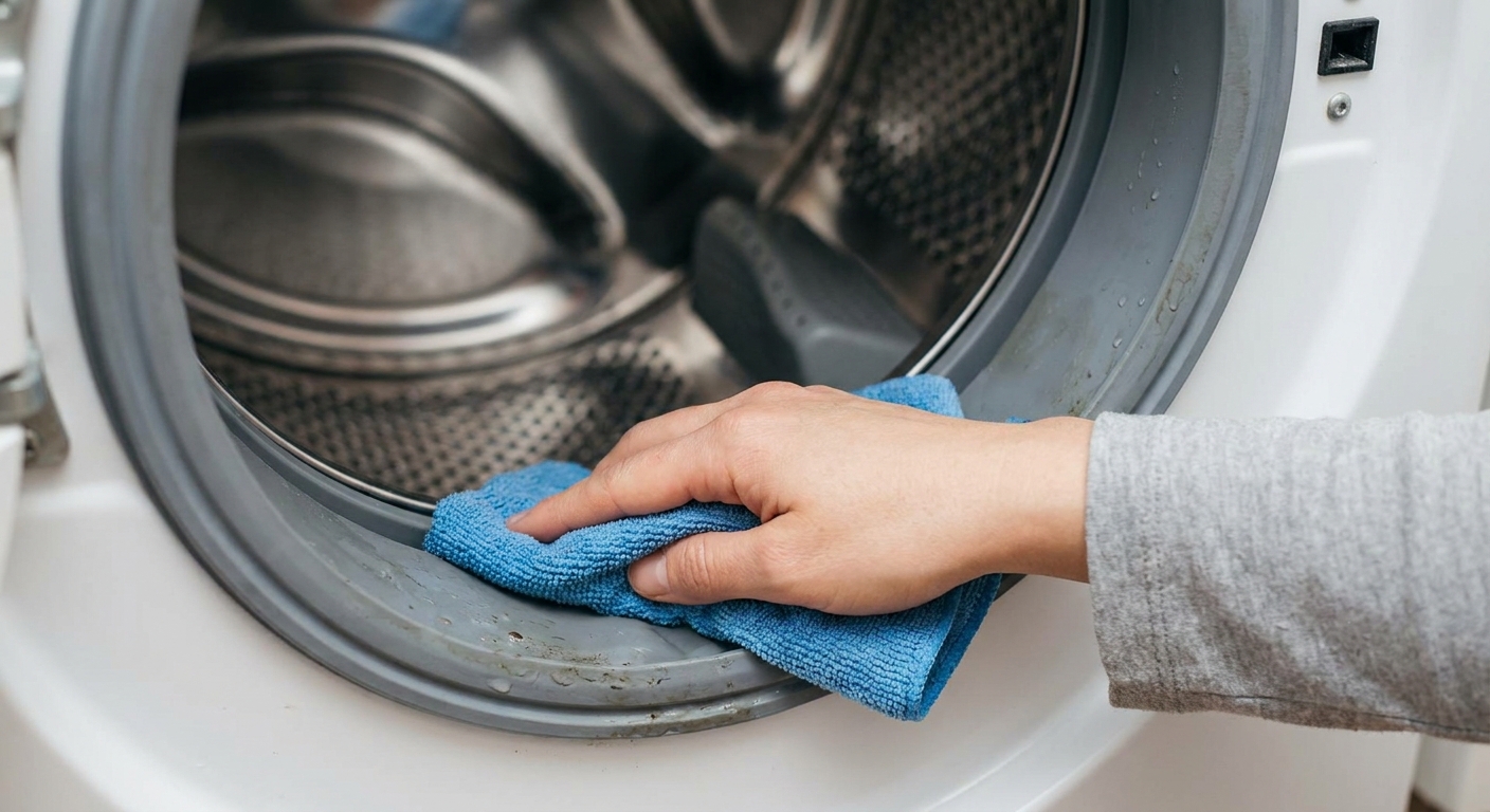 A person wiping the rubber door gasket of a front-loading washing machine with a microfiber cloth, close-up photo