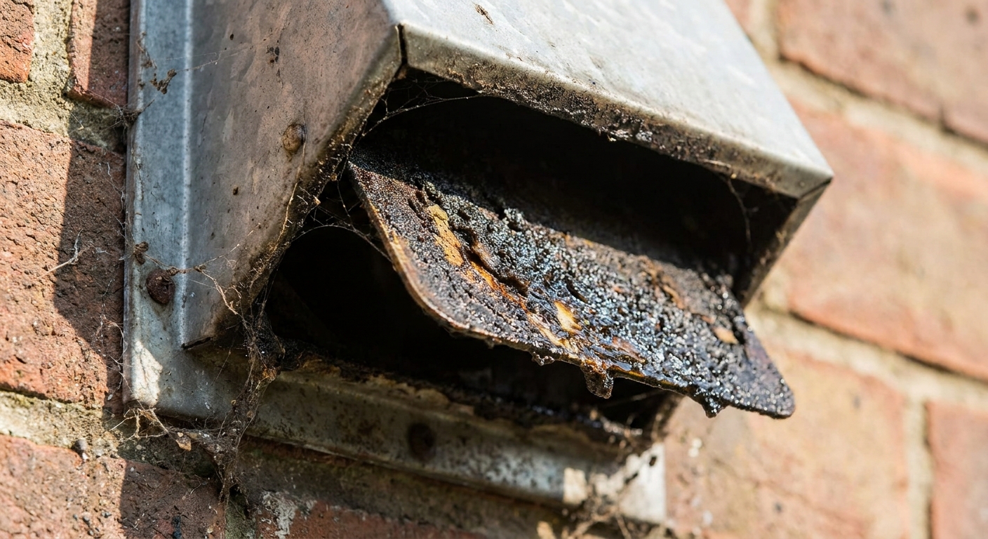 A close-up photo of an exterior kitchen vent cap with a flap that appears stuck from grease and grime