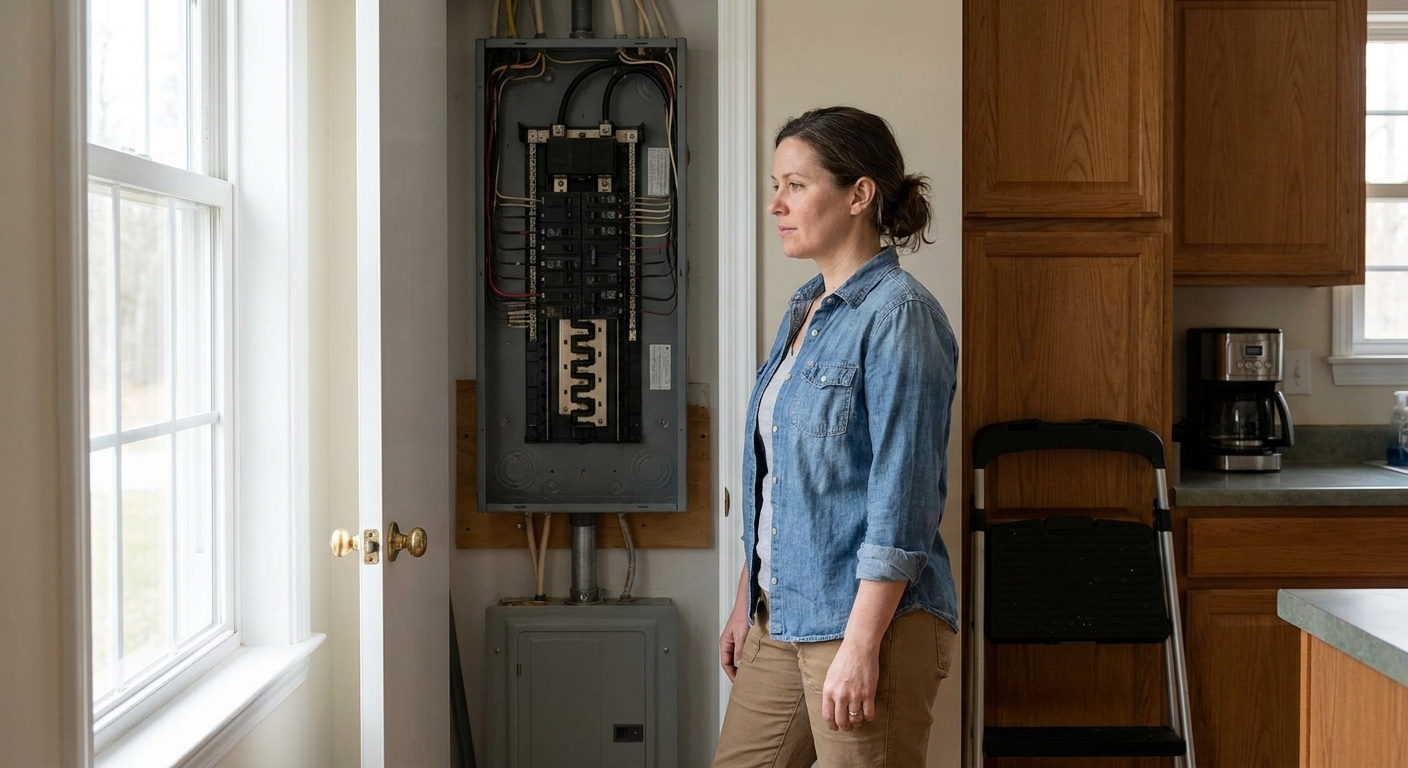 A homeowner standing in front of an open residential electrical panel in a kitchen-adjacent utility area, with one breaker in the tripped middle position, natural indoor light, realistic photo