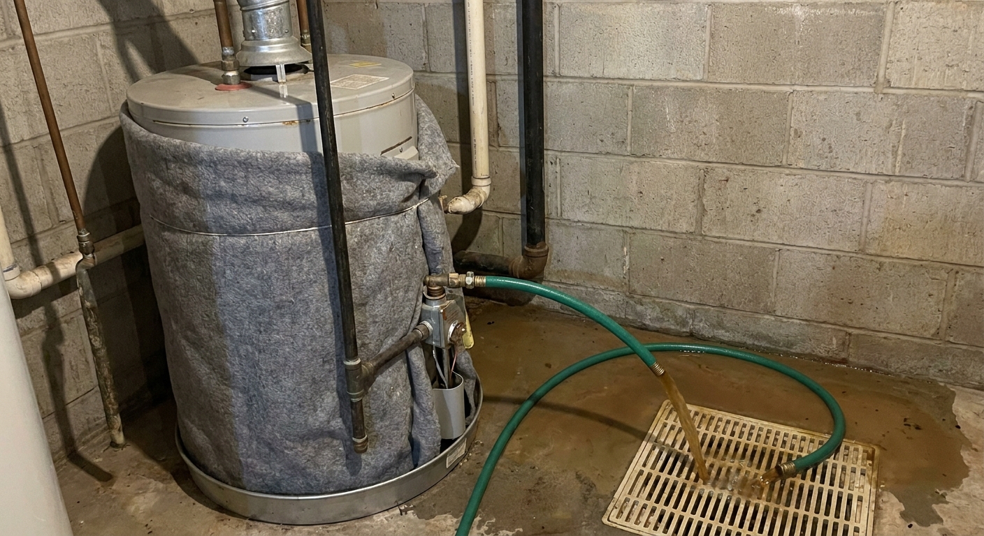 A real photo of a residential tank water heater in a basement with a garden hose attached to the drain valve, discharging slightly brown water into a floor drain
