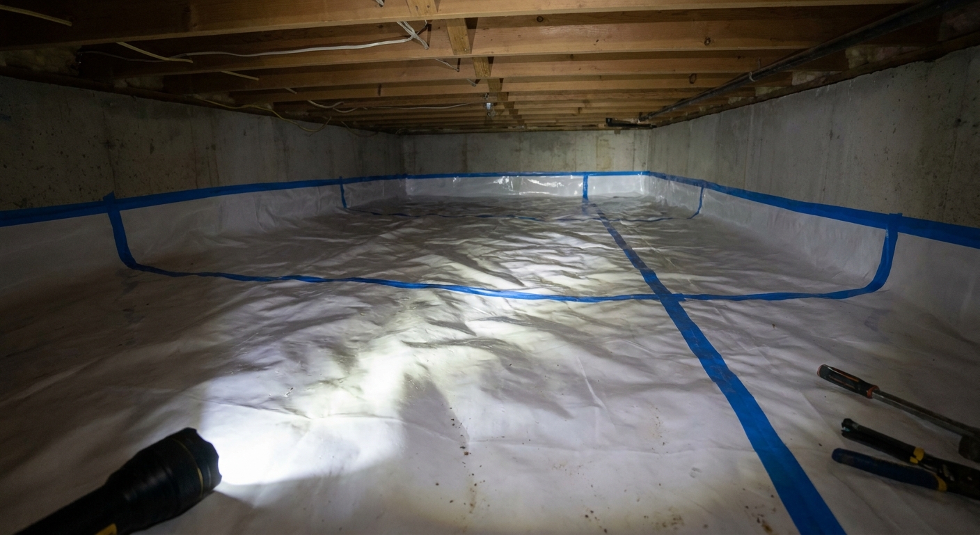 A real photo inside a residential crawlspace with clean plastic vapor barrier laid over the soil and taped seams, realistic construction photography style