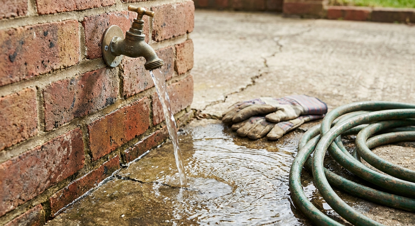 A real outdoor hose bib on a brick wall with water streaming from the spout into a puddle on a concrete patio in daylight