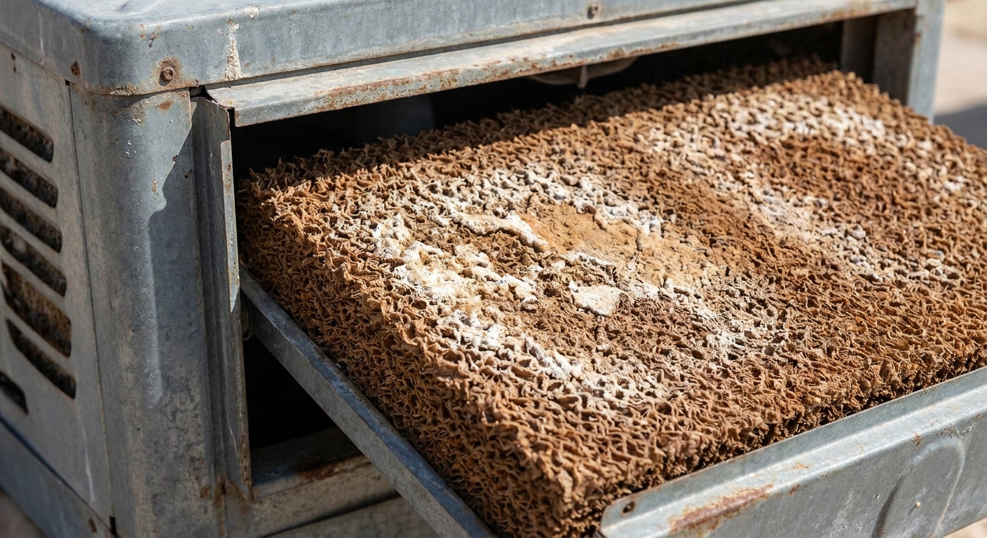 A close-up of a worn evaporative cooler pad with mineral crust and dry spots next to the cooler housing
