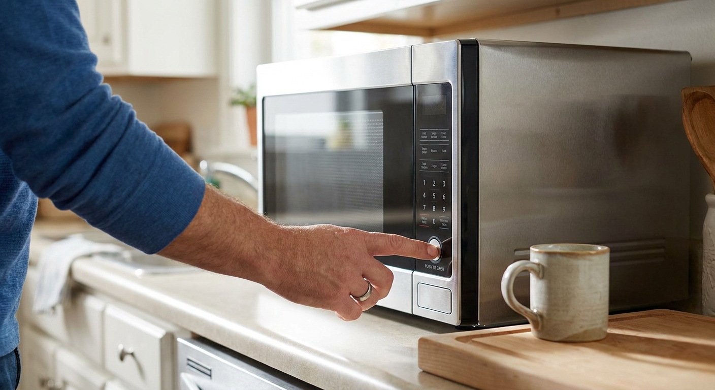 A close-up photo of a person pressing the door-open button on a countertop microwave in a home kitchen