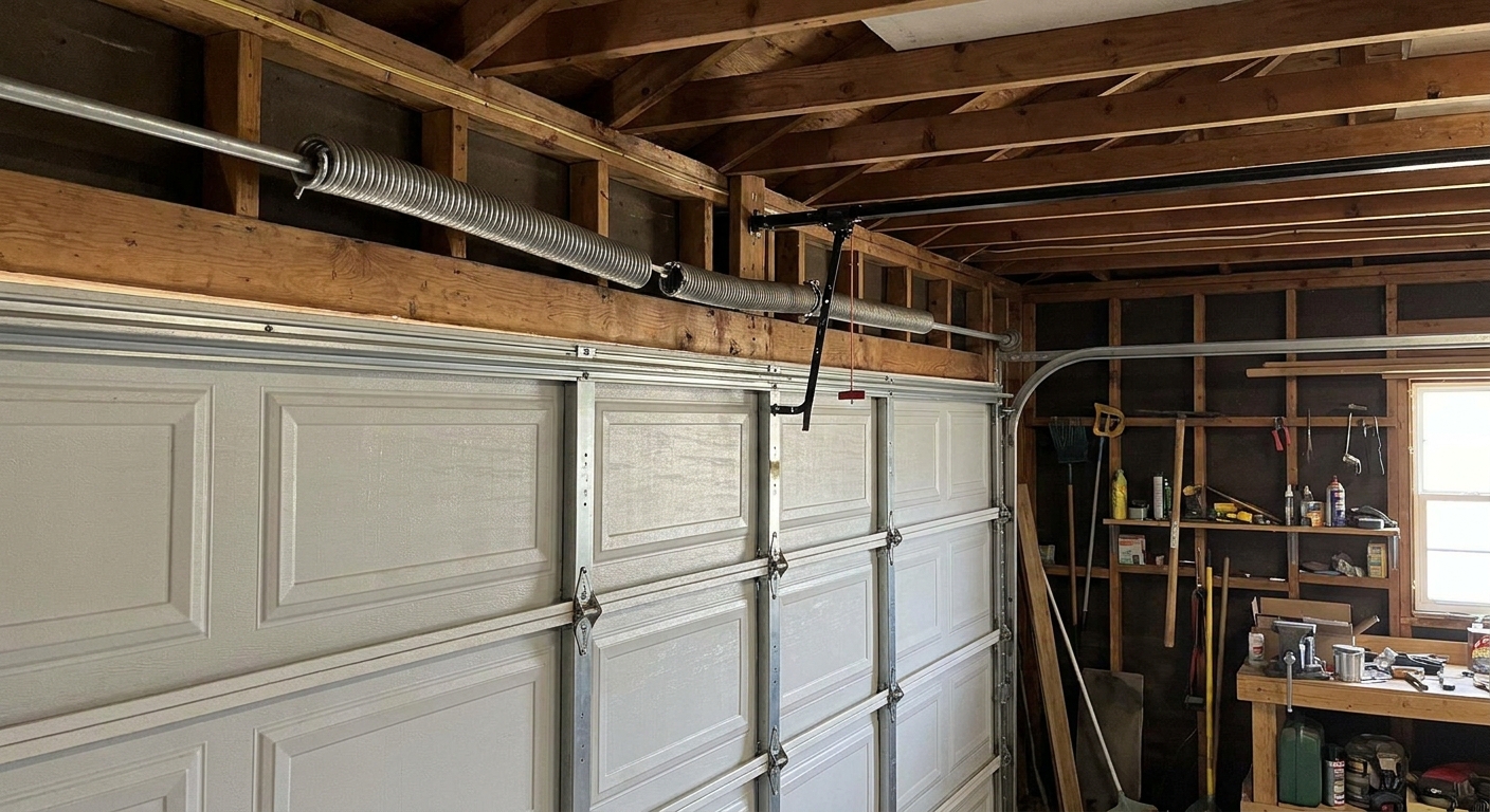 A torsion spring mounted above a garage door with a clearly visible gap in the spring coil showing it has snapped