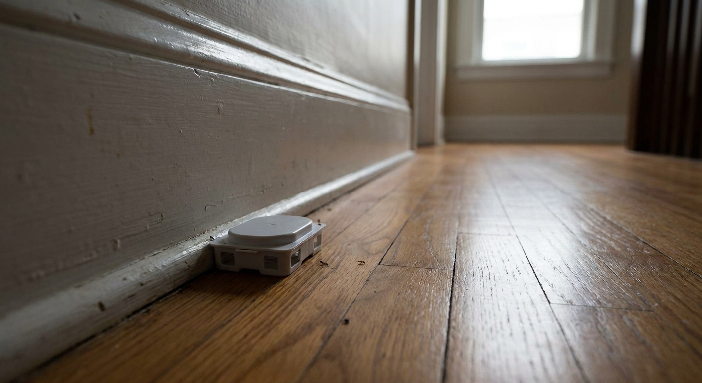 A real photograph of a small ant bait station placed on a hardwood floor tight to a baseboard in a quiet hallway, natural indoor lighting