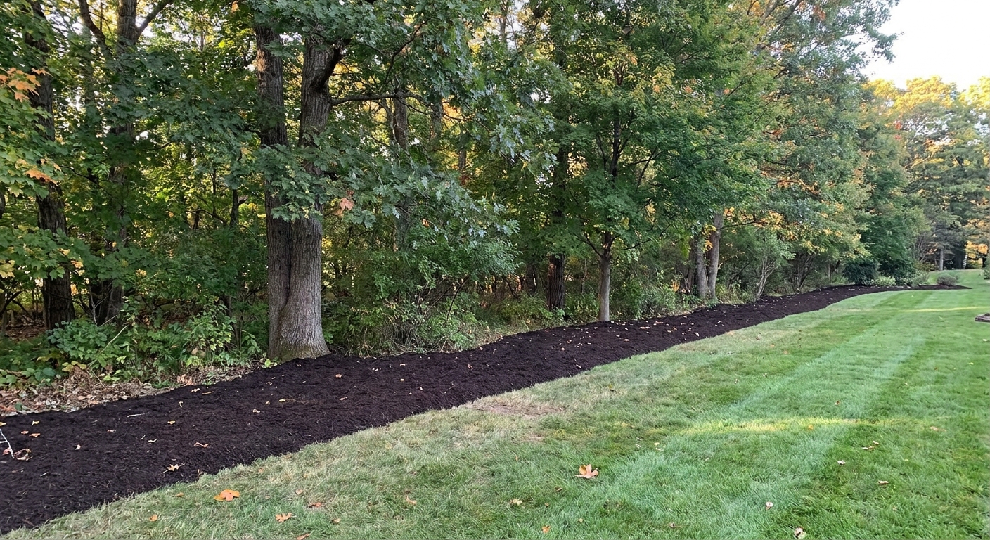 A real backyard photo showing a clean mulch strip bordering a wooded edge, with the lawn set back from the trees to create a dry buffer zone