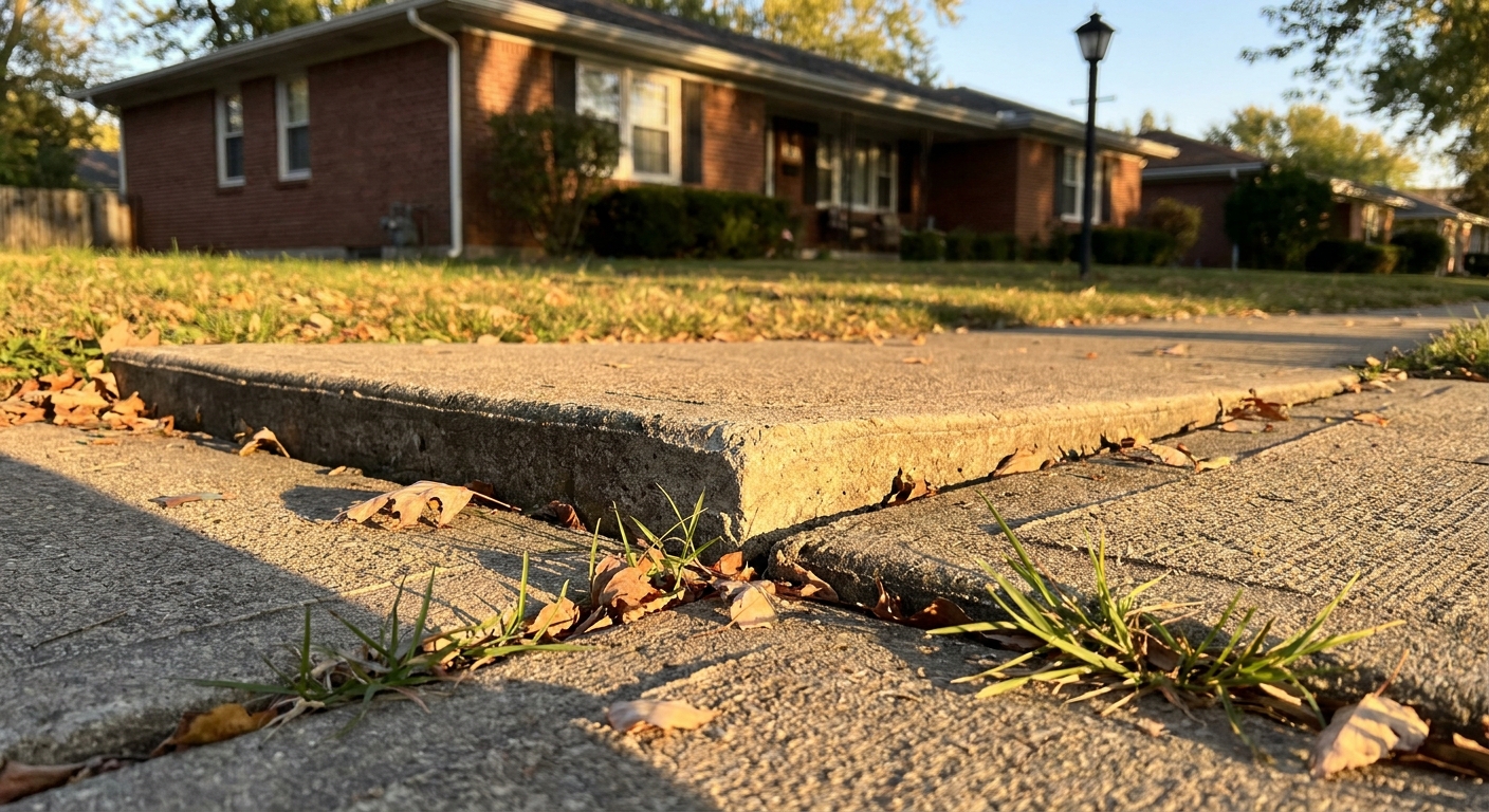 Uneven concrete sidewalk slab with a raised edge forming a trip hazard in a residential front yard in late afternoon light