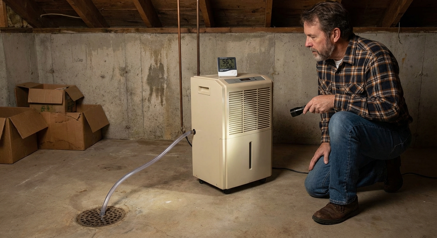 Dehumidifier running in an unfinished basement near a floor drain with a hose draining into the floor drain and a hygrometer on top