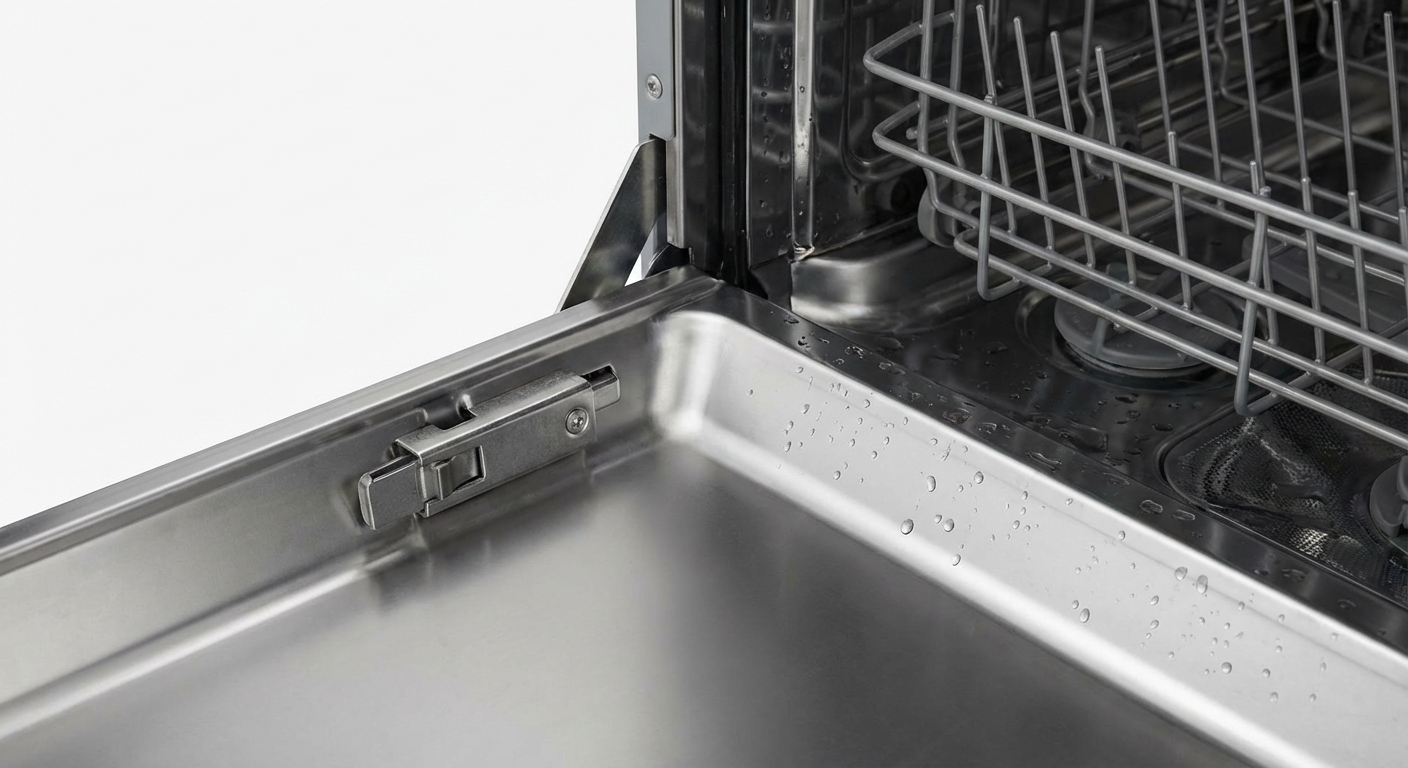 Dishwasher door latch and strike plate with the door open