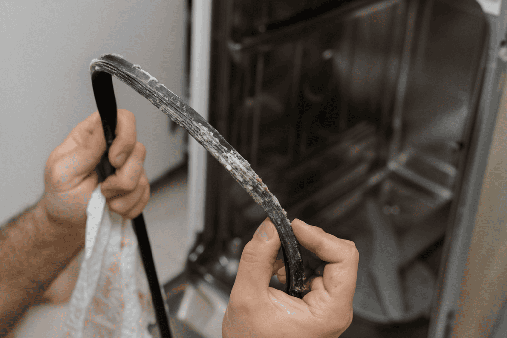 Dishwasher door seal showing a small torn area and dark residue along the rubber gasket