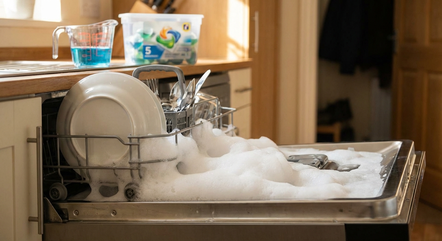 Dishwasher interior with visible soap suds rising near the door opening, with a measuring cup and dishwasher detergent pods on the counter in the background, realistic