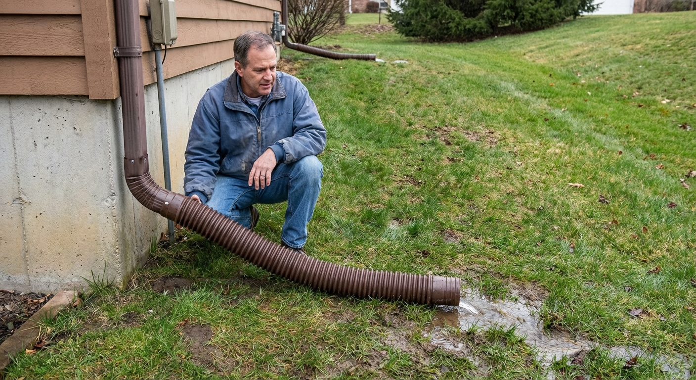 Downspout connected to a flexible extension that discharges water away from the foundation onto a sloped yard
