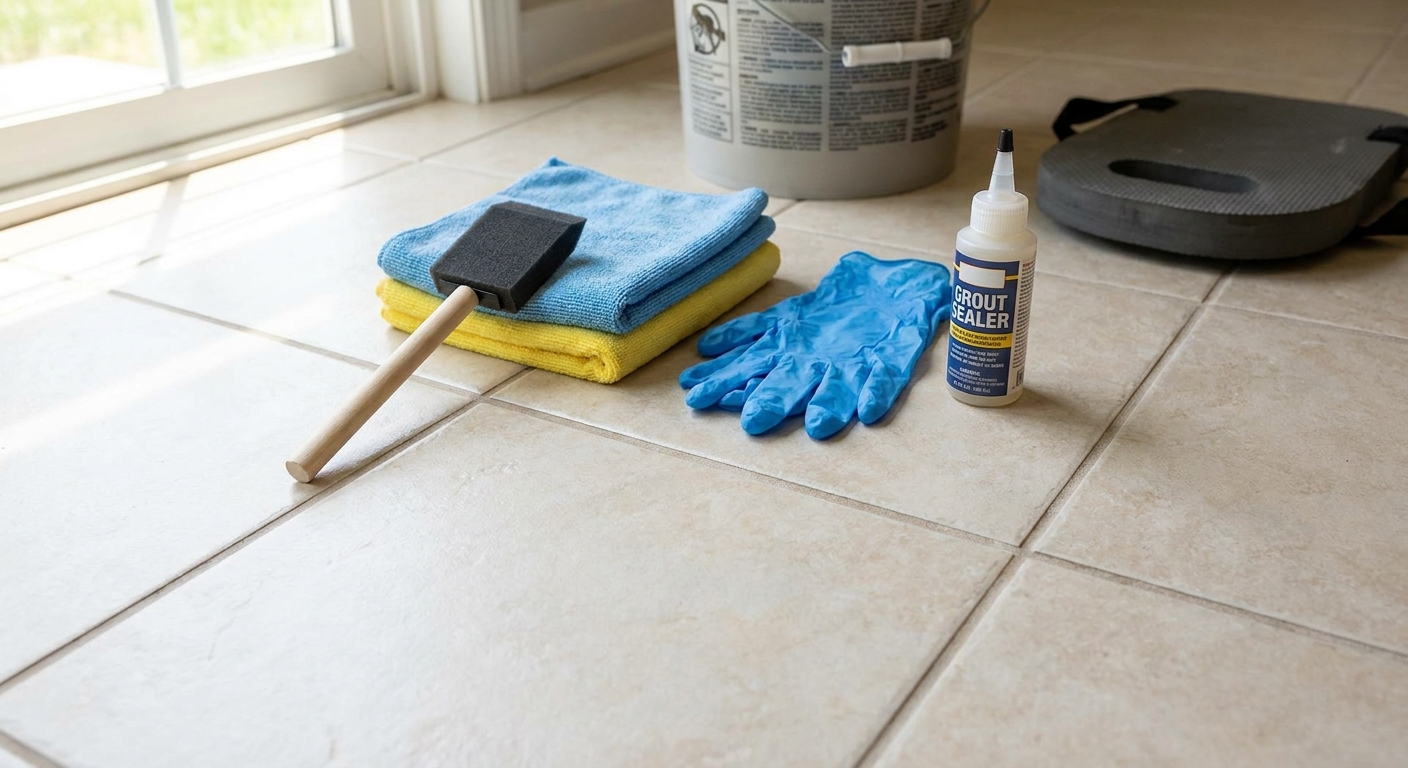 Foam brush, microfiber cloths, nitrile gloves, and a small bottle of grout sealer laid out on a tile floor before starting, real photo