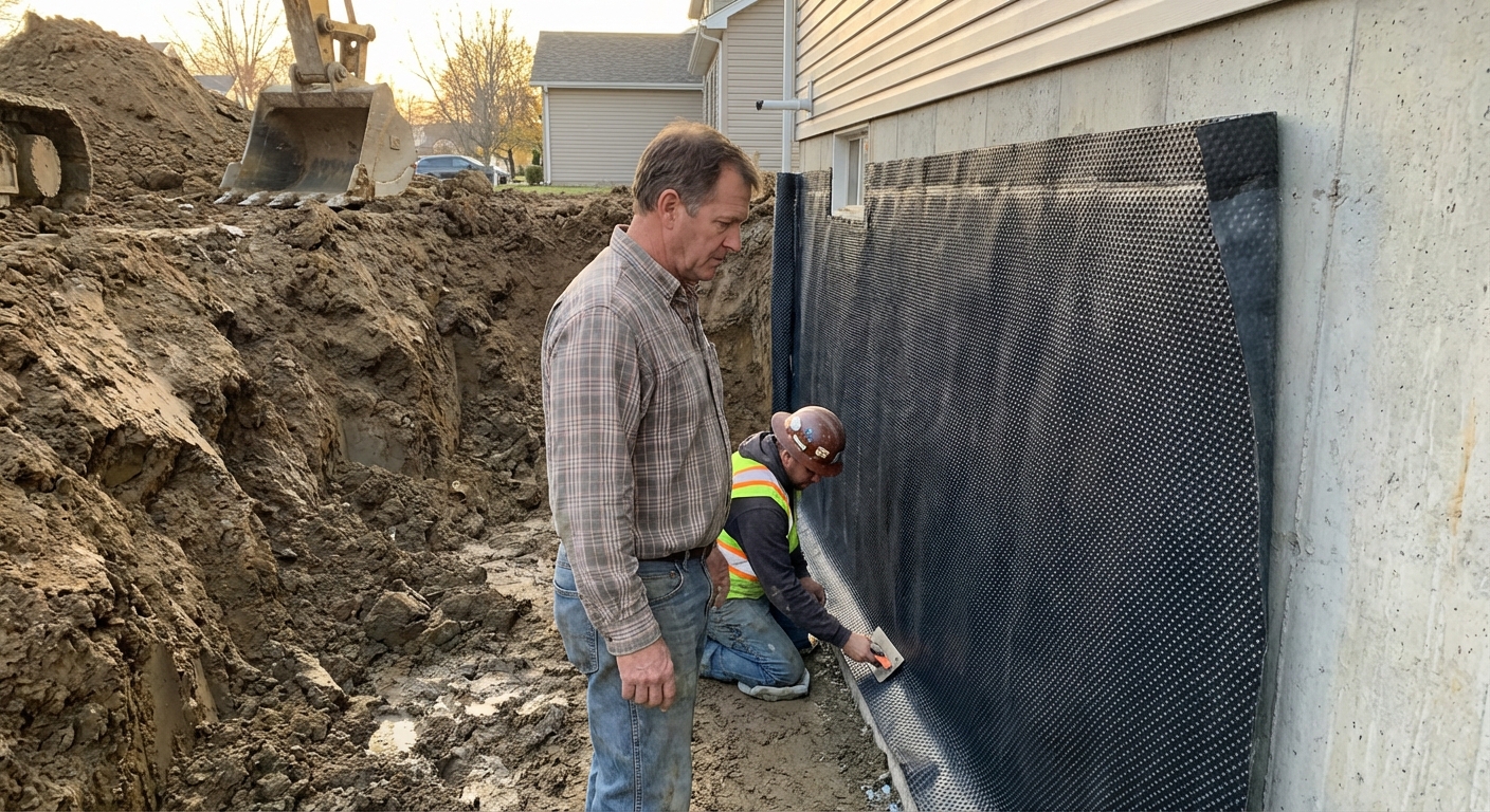 Foundation wall exposed by excavation with a dark waterproofing membrane applied to the exterior concrete and a worker nearby