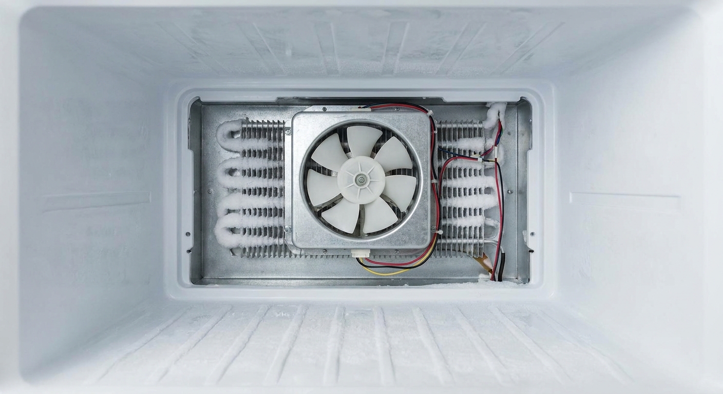 Freezer interior rear panel removed to reveal the evaporator fan motor housing and fan blade assembly