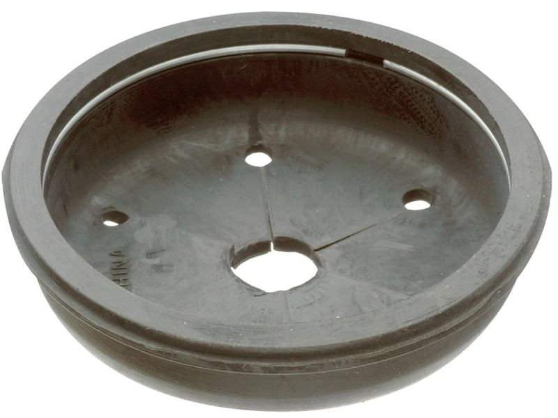 Garbage disposal opening showing the rubber splash guard flaps and the area where grime commonly builds up