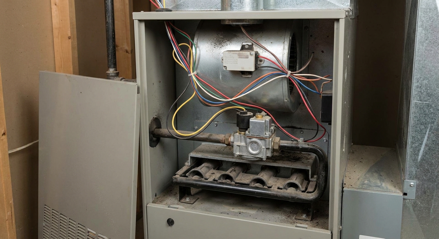 Gas furnace with the front access panel removed, showing the burner compartment and wiring near the limit switch