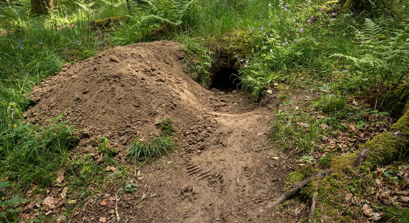 Ground-level view of a burrow entrance with a fan-shaped soil mound, worn path, and nearby clipped vegetation clearly visible around the hole.