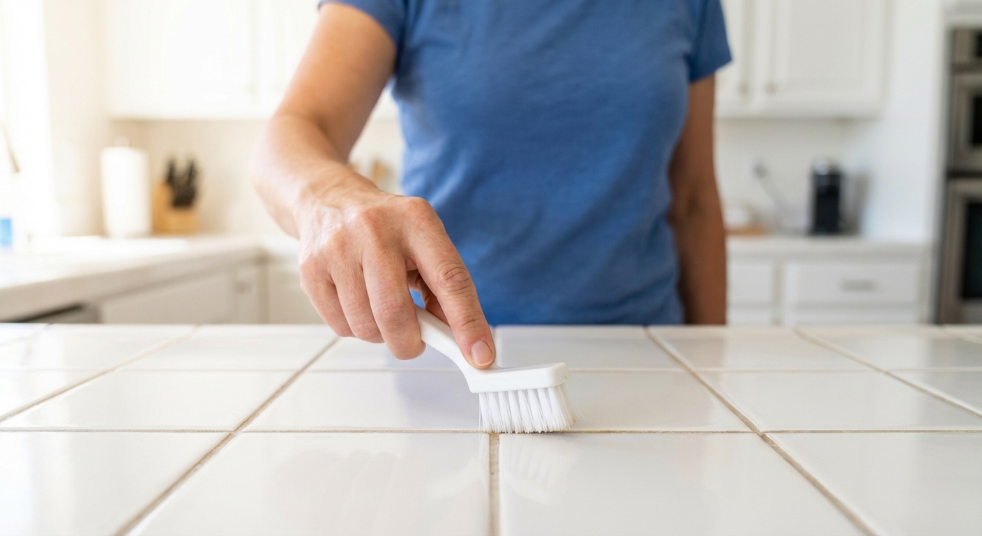 Hand holding a small nylon grout brush over white ceramic tile with visible grout lines