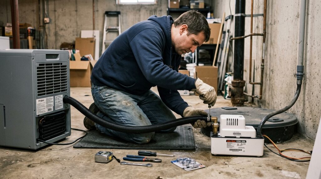 Hand lifting the float inside an open condensate pump reservoir next to a furnace in a basement