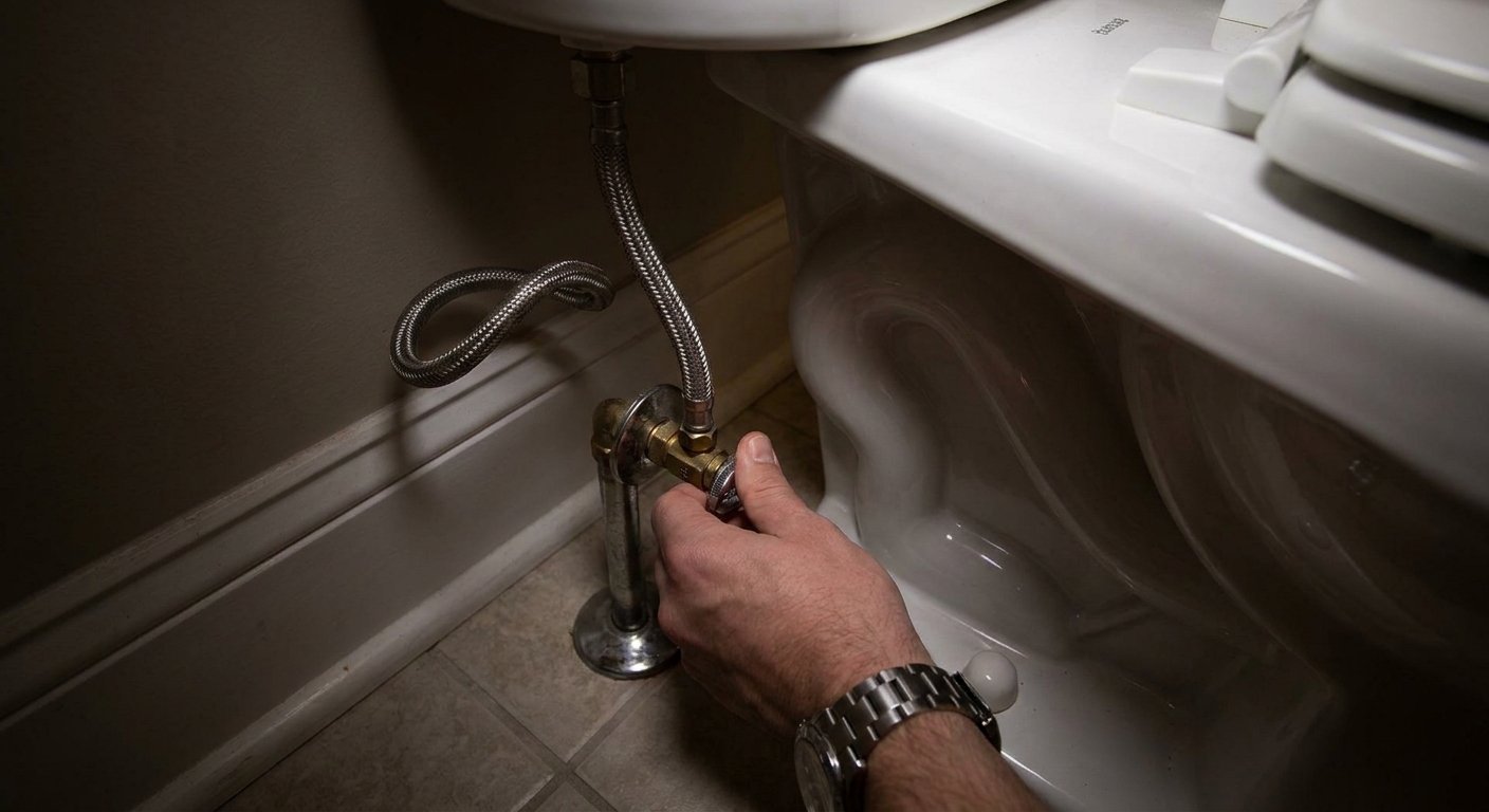 Hand turning the toilet angle stop shutoff valve clockwise behind the toilet, with the supply line visible leading up to the tank.