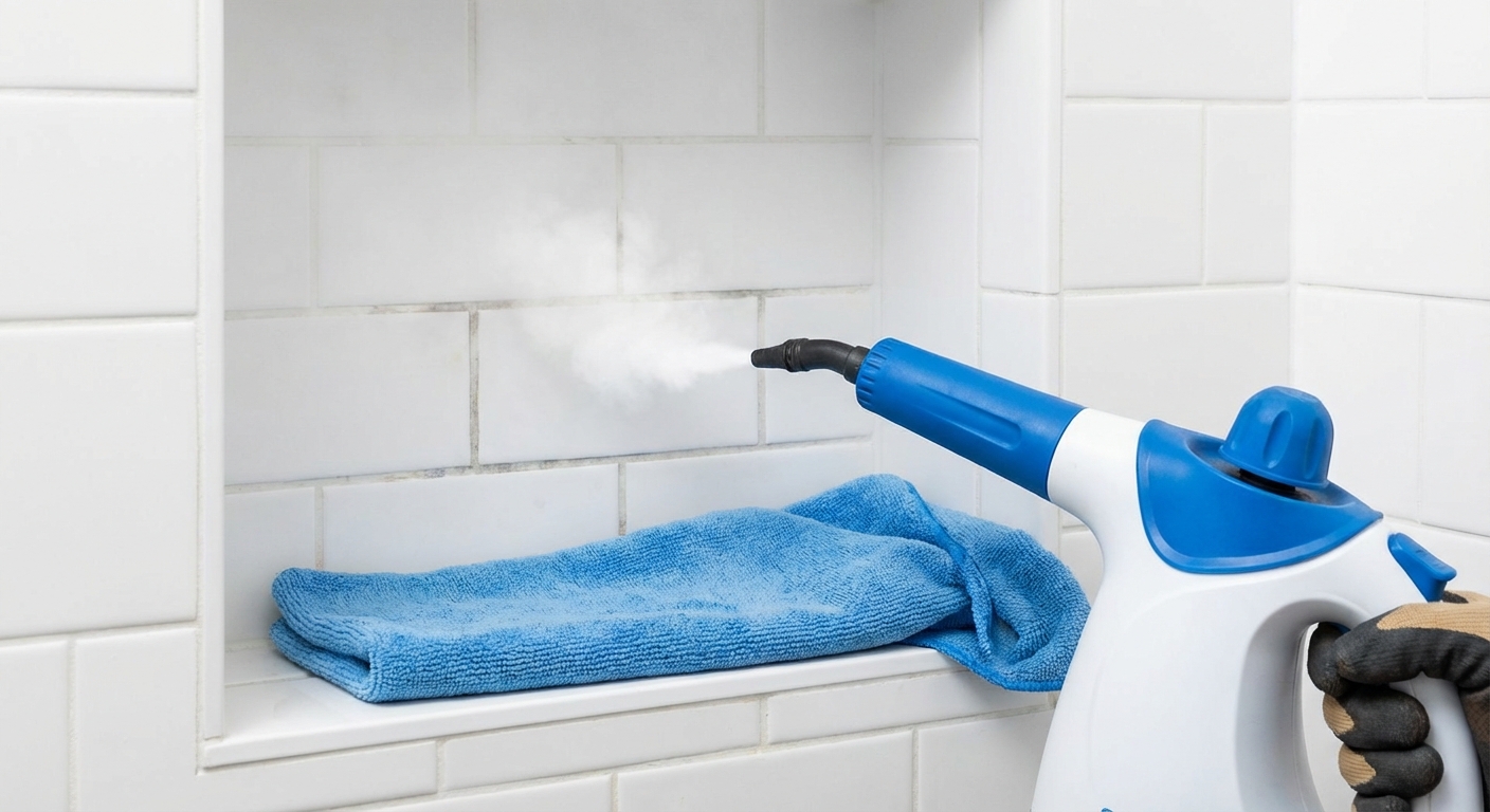 Handheld steam cleaner nozzle aimed at grout lines on a light-colored tile shower wall with a microfiber cloth nearby