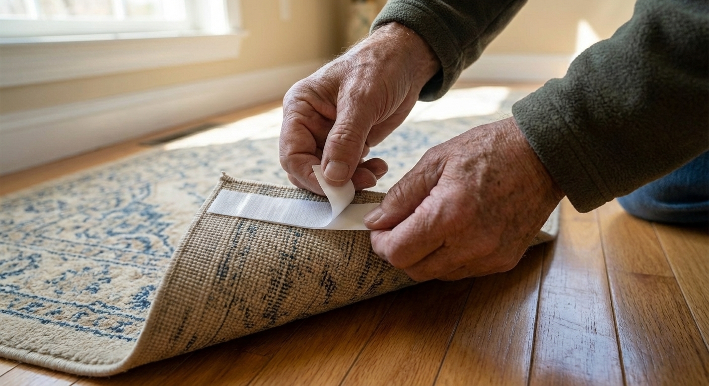 Hands applying non-slip rug tape to the underside corner of an area rug on a hardwood floor, close-up photo with natural indoor lighting