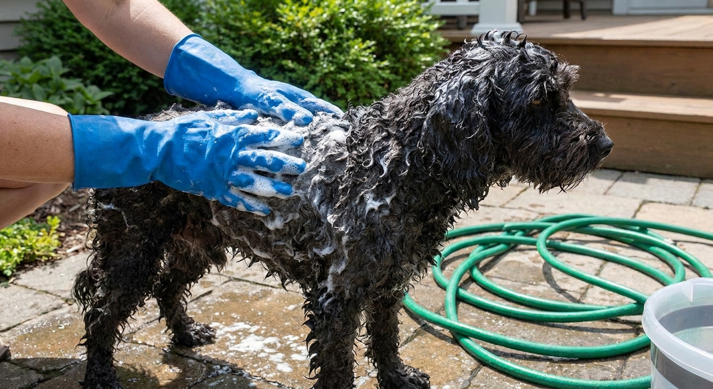 Hands in gloves working shampoo into a wet dog’s coat outdoors with a garden hose on the ground