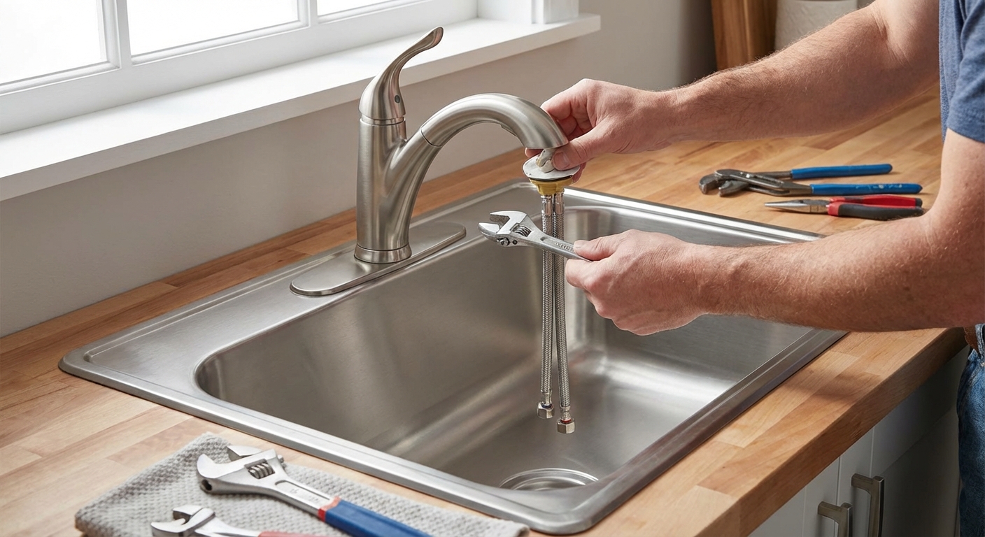 Hands installing a single-handle kitchen faucet into a stainless-steel sink
