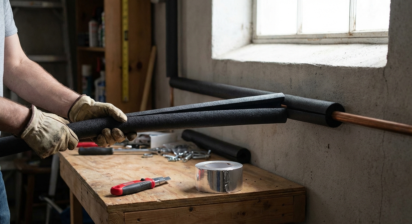 Hands installing black foam pipe insulation on a copper pipe in a basement, with a utility knife and a roll of foil tape on a workbench nearby, natural indoor lighting