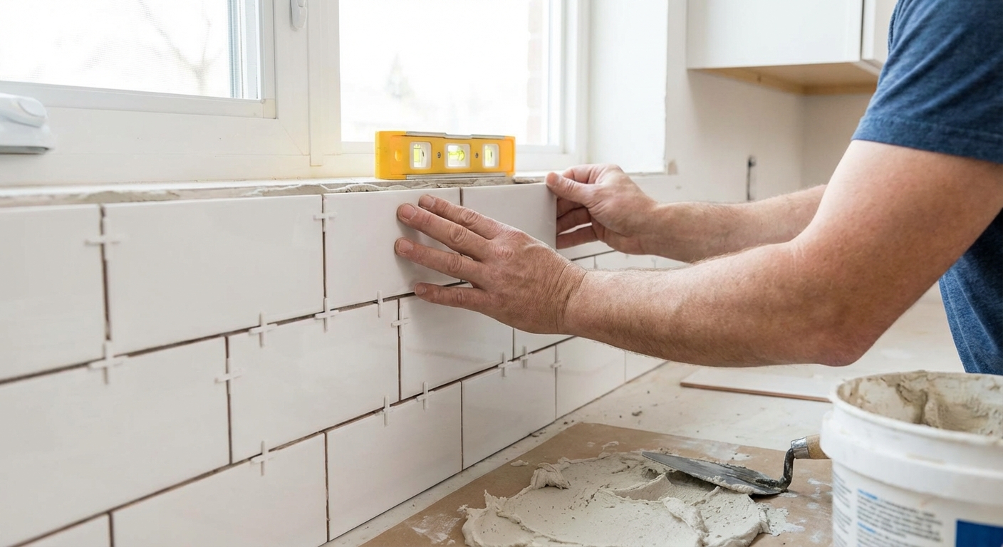 Hands placing a subway tile onto a kitchen wall with white spacers between tiles and a small level checking the row