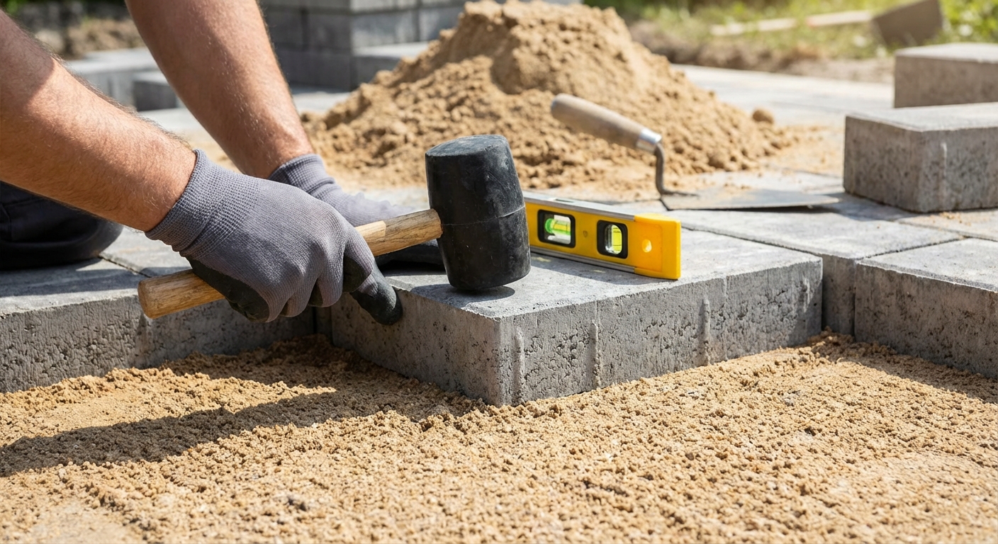 Hands using a rubber mallet to tap a landscaping block into level on a sand base