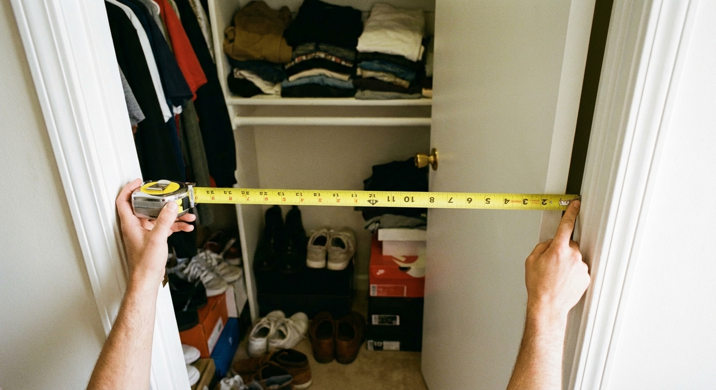 Hands using a tape measure inside a small closet to measure the width between the side walls