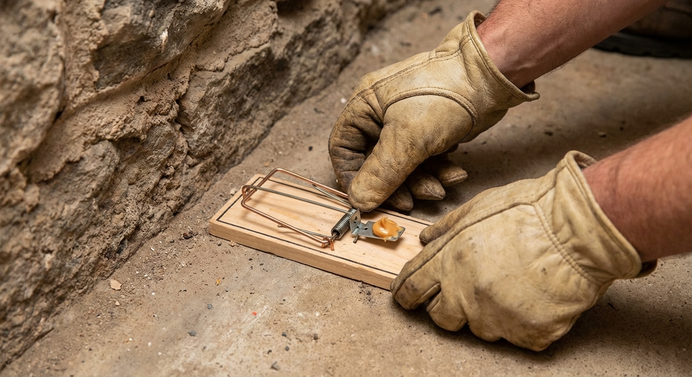 Hands wearing work gloves setting a classic wooden snap trap on a basement floor along a wall, small dab of peanut butter on the bait pedal, photorealistic
