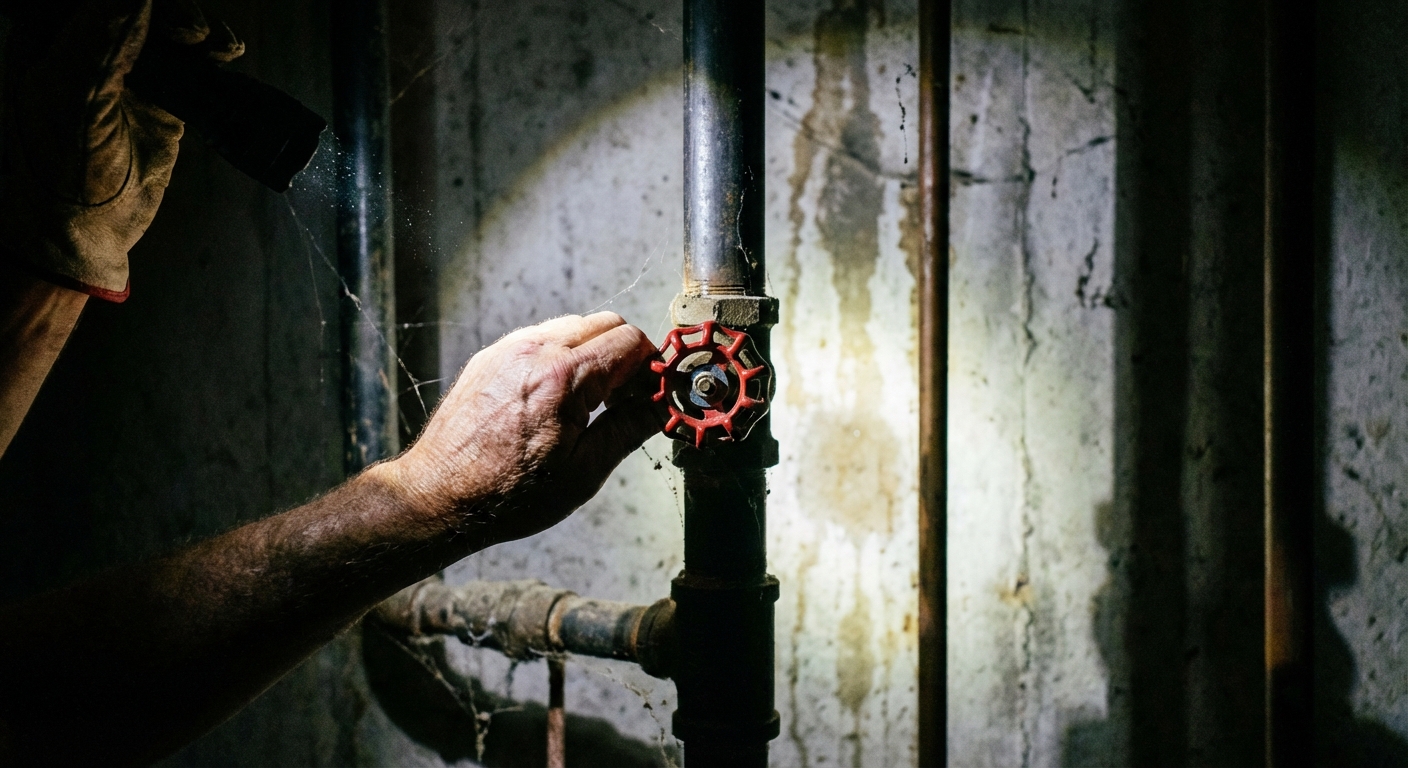 Homeowner hand turning a main water shutoff valve on a vertical pipe in a basement, with a flashlight beam illuminating the valve and concrete wall background