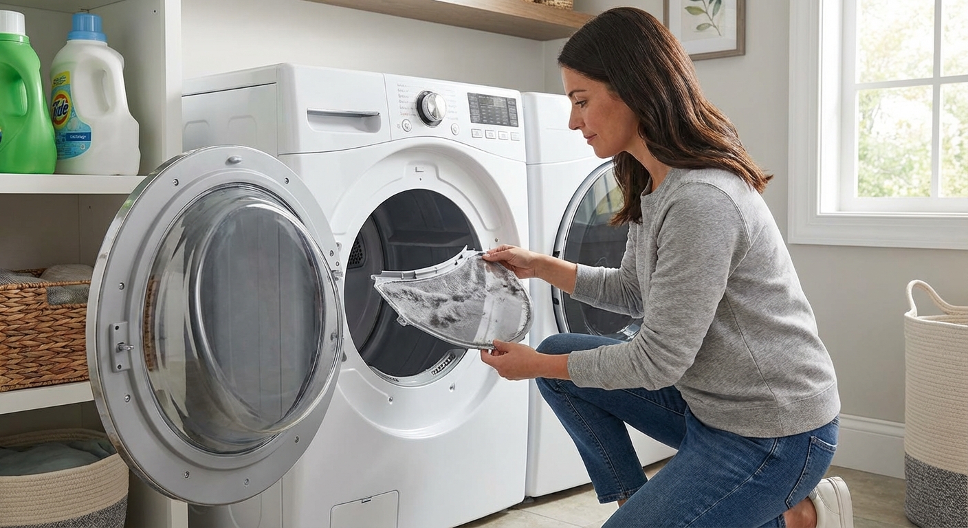Homeowner sliding a lint screen out of a clothes dryer with the door open in a laundry room