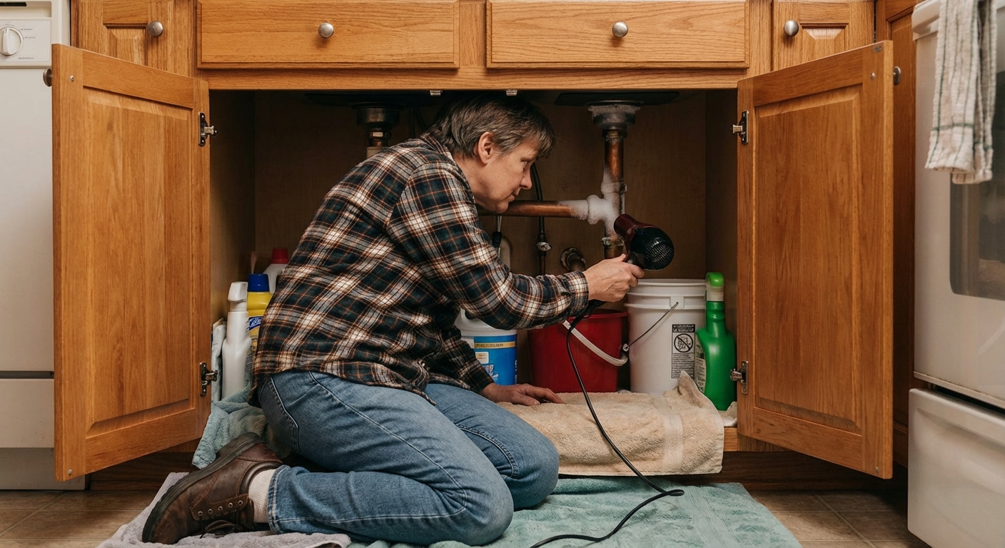 Homeowner using a handheld hair dryer to warm a frozen copper pipe under a kitchen sink, cabinet doors open, towels on the cabinet floor, warm indoor lighting