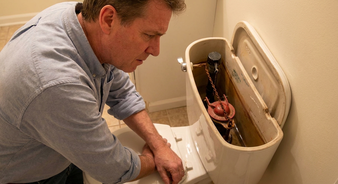 Homeowner with the toilet tank lid set aside, looking into an open tank at the flapper and chain under bathroom lighting