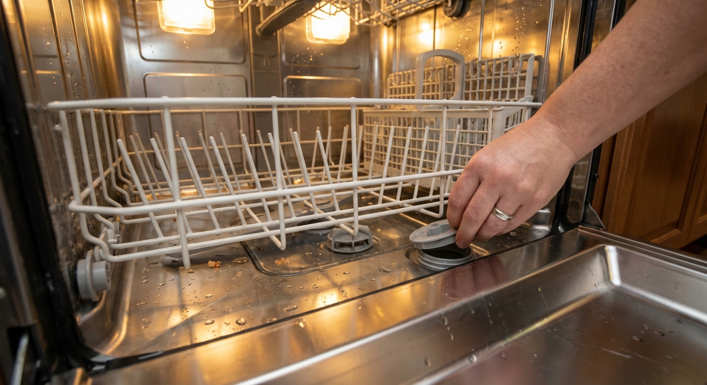 Inside a dishwasher showing the round float cover near the front corner of the tub floor, with a hand lifting it slightly to check movement, realistic kitchen lighting