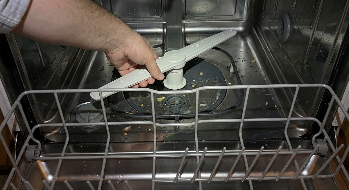 Inside a dishwasher with the lower rack pulled out, showing the lower spray arm centered at the bottom, with a hand gently lifting it to check for looseness, photorealistic