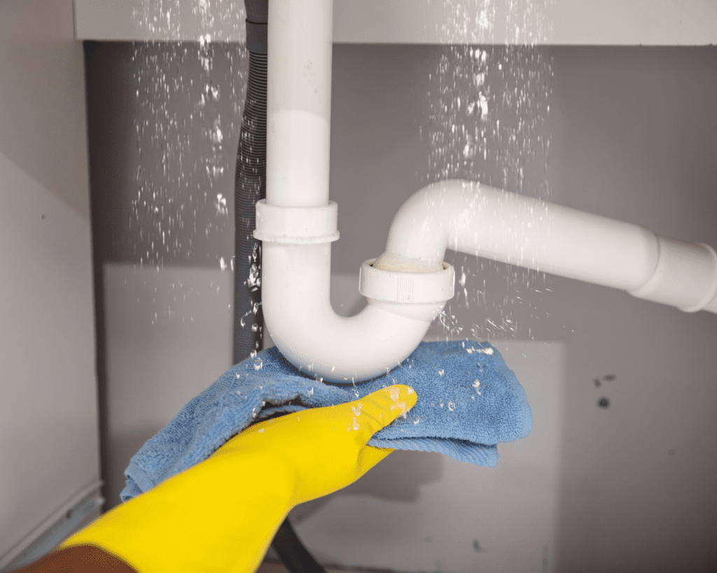 Inside a kitchen sink cabinet showing a small drip forming at the sink drain connection above the trap