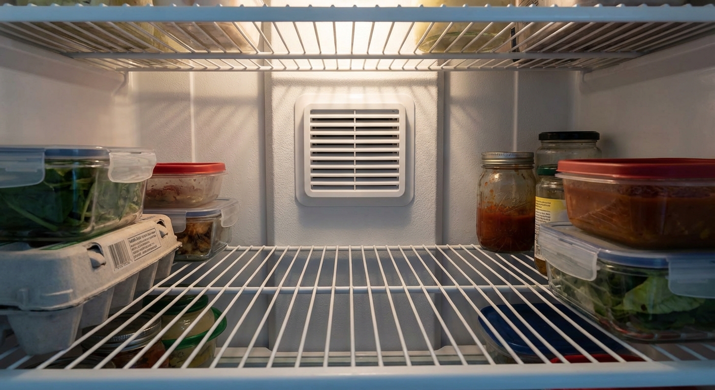 Inside a refrigerator with a visible air vent on the back wall and food containers moved away to leave clear airflow, natural kitchen lighting, realistic photo