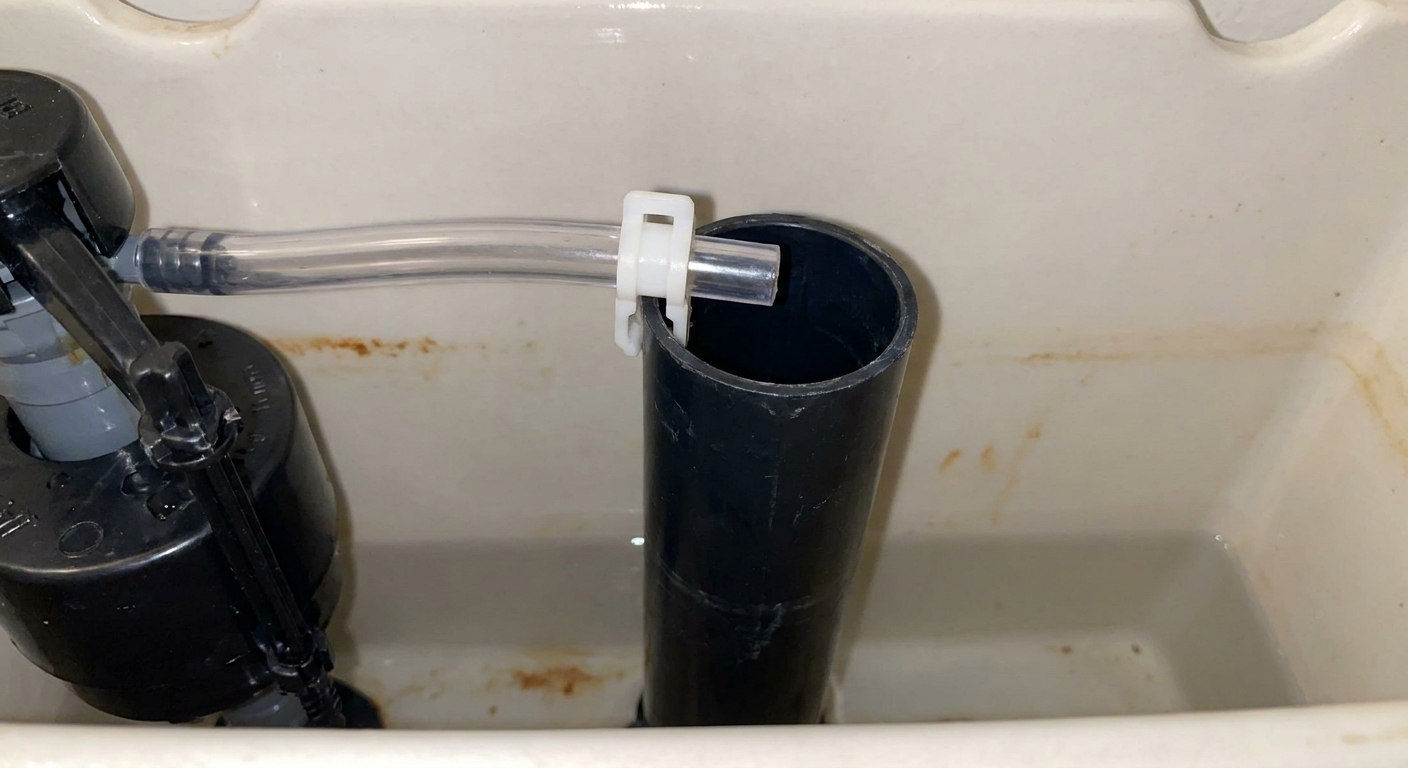 Inside a toilet tank showing the refill tube held by a plastic clip at the top of the overflow tube with a visible air gap