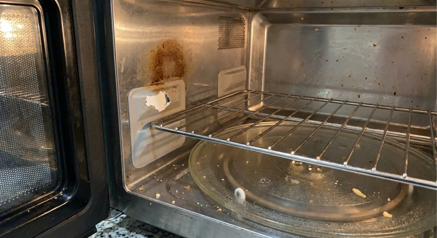 Inside of a microwave showing a metal rack resting on side supports, with a small chipped area on one support and slight discoloration on the nearby wall, realistic photo